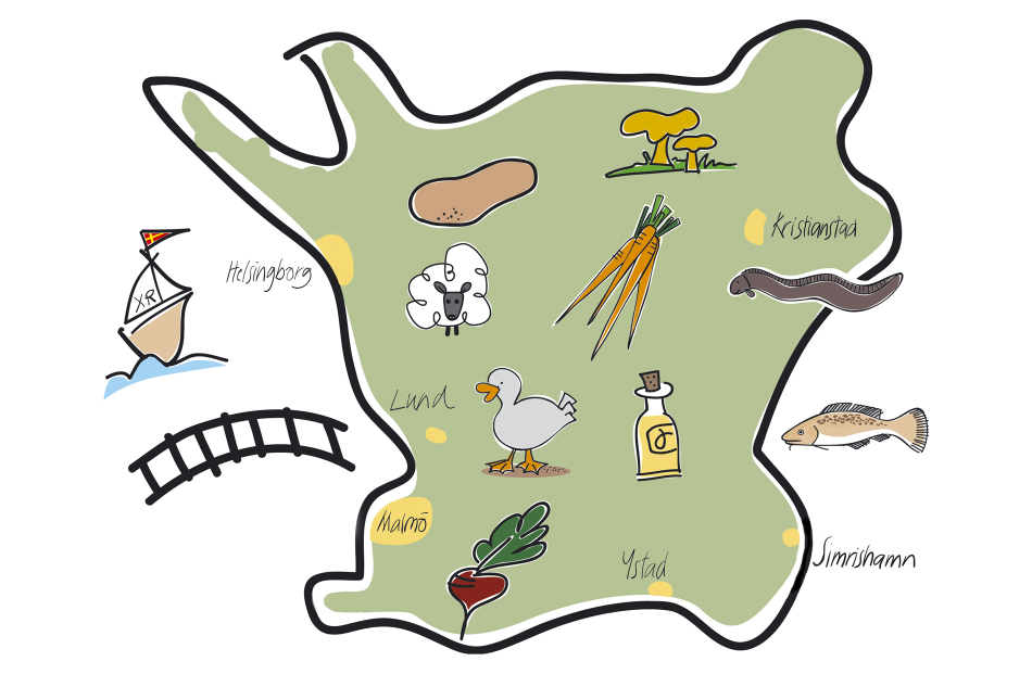 Illustrerad karta på Skåne med symboler för mat och upplevelser